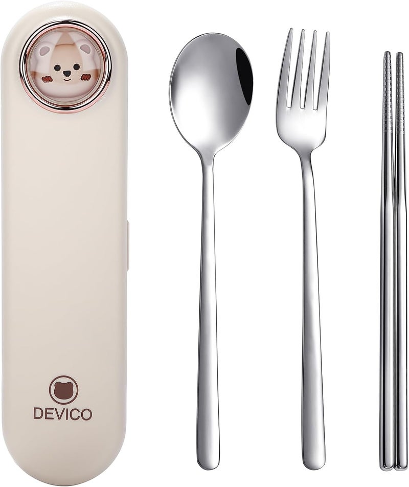 DEVICO Travel Utensils with Case Cute, Reusable Silverware for Lunch, Portable Cutlery Set, 18/8 Stainless Steel Fork Spoon Chopsticks in Cartoon Case, Dishwasher Safe (Light Yellow) - Image 1